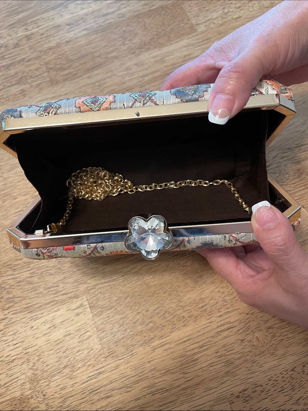 Floral Embroidered Clutch with Crystal Flower Clasp - Gold Chain
